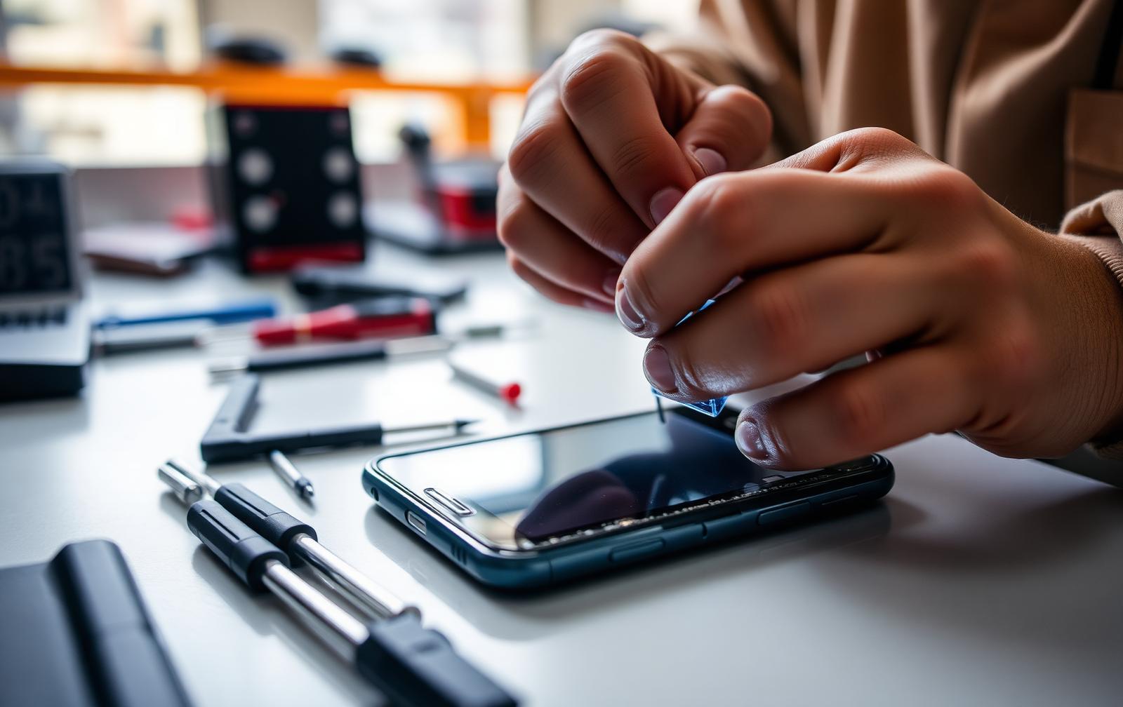 Technician replacing a cracked smartphone screen on a clean repair workbench in LaGrange, Georgia